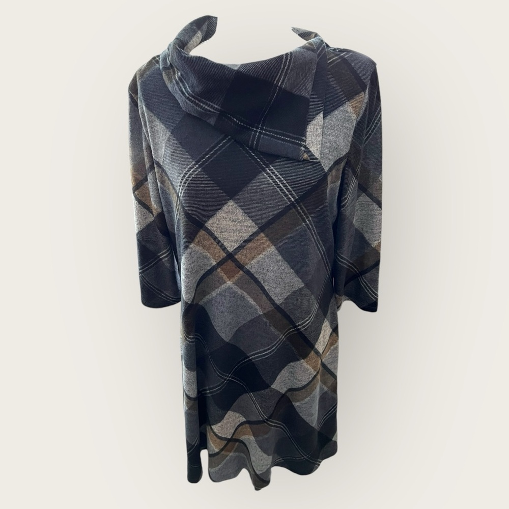 Sandra Darren Split Plaid Cowlneck Tunic Sweater Dress